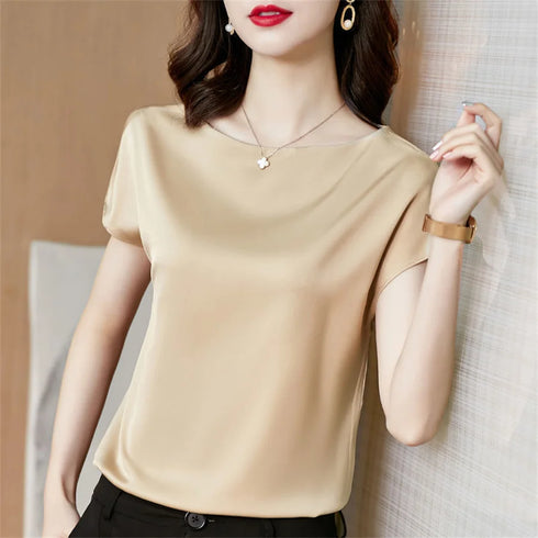 Solid Color Midweight TAT-Woven Polyester Top with Regular Length and No Closure, Designed for Middle-Aged Women Seeking a Sophisticated Office Lady Style