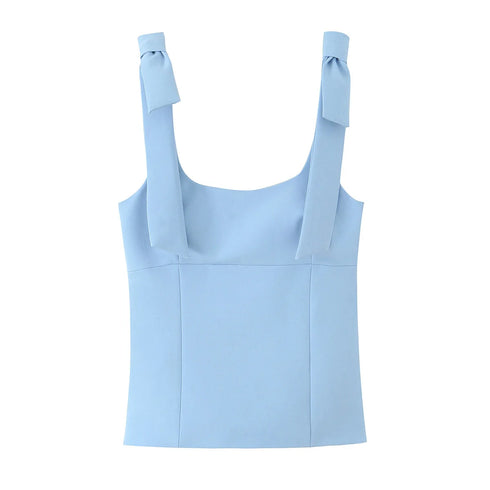 TRAF Elegant Casual Sleeveless Bow-Tie Women’s Vest Top – Solid Color Slim Fit Blended Fabric Design for Spring and Summer Fashion 2025