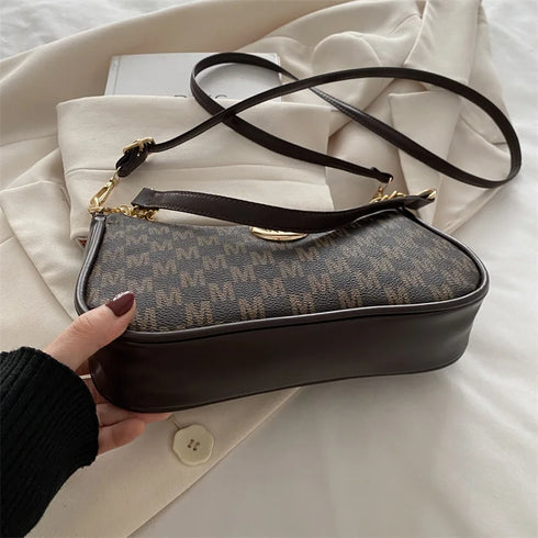 Vintage PU Leather Crossbody Handbag with Gold “M” Letter – Women’s Shoulder & Messenger Bag