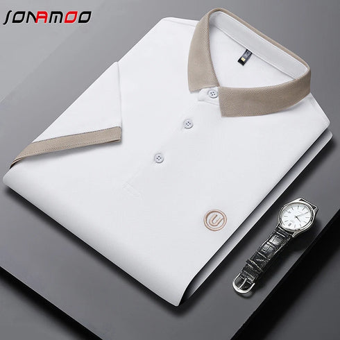 Men’s Casual Knit Polo Shirt – Anti-Wrinkle Polyester, Short Sleeve, Embroidered Detail