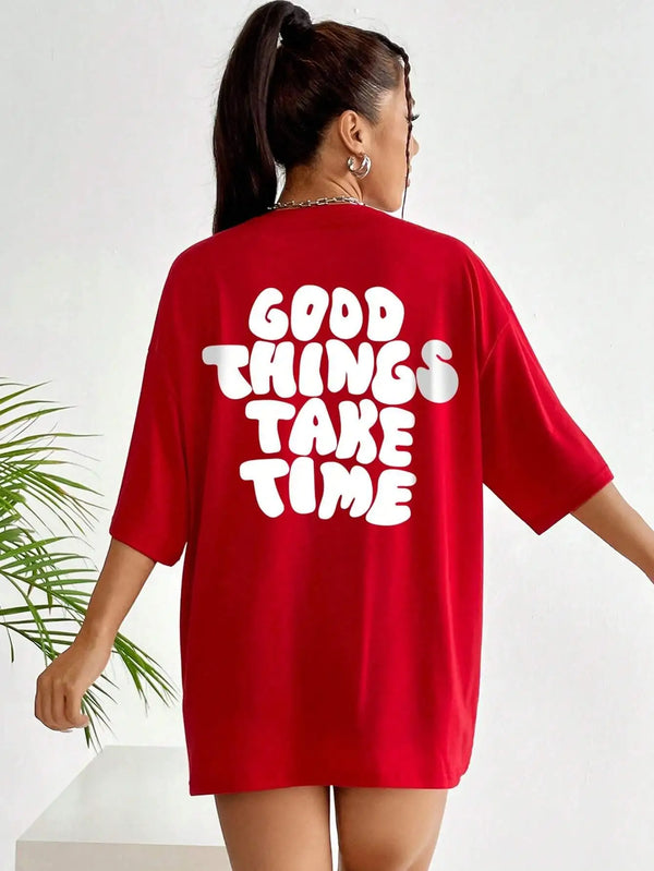 Women's O Neck Cotton Tee Shirts-Good Things Take Time Letter Printed Summer Tops