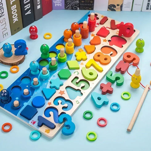 Montessori Wooden Math Puzzle Toy – Busy Board with Shapes, Colors, Counting & Fishing Game for Kids