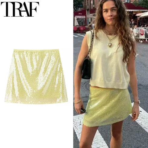 Women's Shiny Yellow Sequin Mini Skirt - High Street Y2K A-Line Summer Skirt for Bold and Sexy Streetwear (2025 Edition)