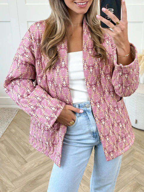 Vintage Print Women's Quilted Winter Jacket – Open Front Long Sleeve Cardigan Coat with Pockets – Casual Polyester Outerwear