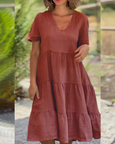 Short Sleeve Solid V-neck Cotton Casual Dress