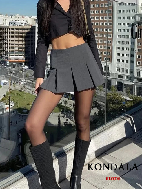 Vintage Dark Grey Ruffled Pleated Mini Skirt with Zipper Detail – Elegant Non-Stretch Poplin Fabric Streetwear Skort for Women, 2025 Collection