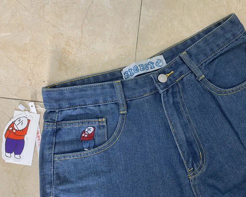 Women's Y2K Loose Fit Embroidered Straight-Leg Jeans – Mid-Waist Vintage Denim