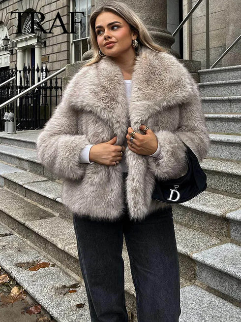 Women’s Cropped Faux Fur Jacket – Chic Lapel Collar Snap-Button Winter Coat