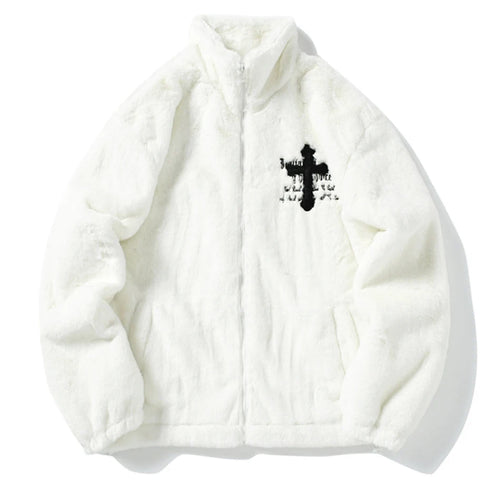 Cross Embroidery Oversized Fleece Jacket – Harajuku Streetwear Hip Hop Fluffy Zipper Coat for Men