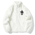 Cross Embroidery Oversized Fleece Jacket – Harajuku Streetwear Hip Hop Fluffy Zipper Coat for Men