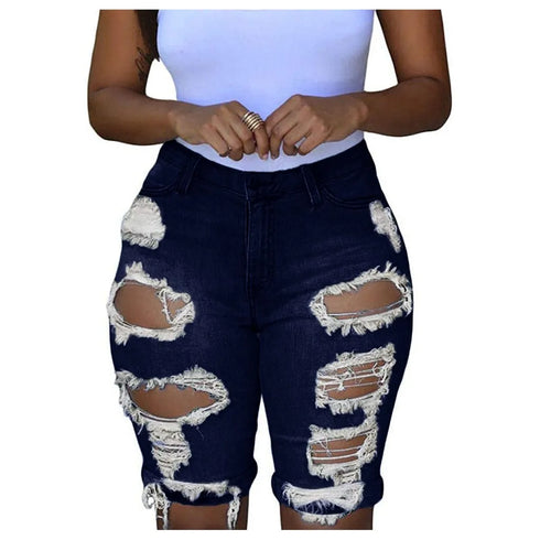 Women Skinny Ripped Jean Short-Plus Size Elastic Denim Shorts