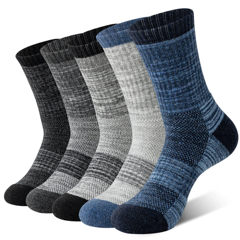 5 Pairs Merino Wool Hiking Socks - Long Outdoor Winter Stockings for Men & Women, Warm Cushioned Boot Socks
