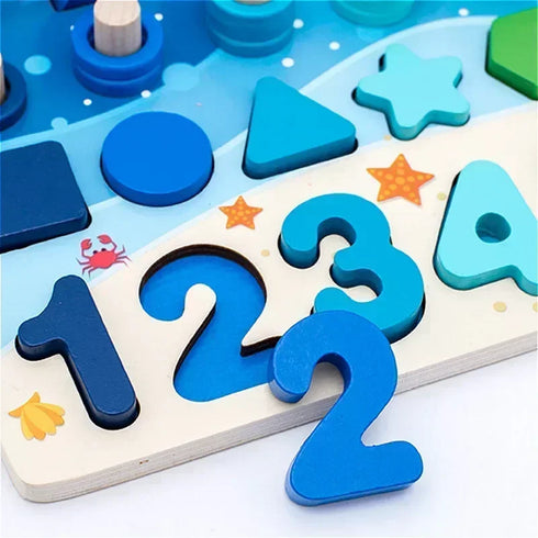 Montessori Wooden Math Puzzle Toy – Busy Board with Shapes, Colors, Counting & Fishing Game for Kids