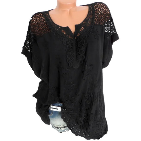 Solid Color Lace-Trimmed Loose Fit Casual Top with Short Sleeves and Office Lady Styling for Middle-Aged Women