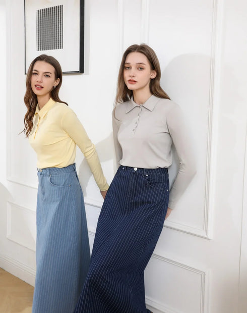 Pinstripe Denim Skirt for Women – Casual Ankle-Length A-Line Skirt
