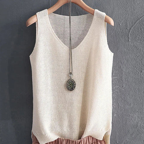 Women’s Summer 2025 Sleeveless Casual Knit Blouse with V-Neck Design, Midweight Non-Stretch Fabric, Regular Fit in Solid Pattern – Comfortable Synthetic Blend for Middle-Aged Women