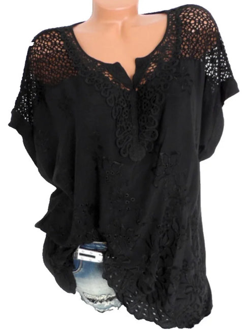 Solid Color Lace-Trimmed Loose Fit Casual Top with Short Sleeves and Office Lady Styling for Middle-Aged Women