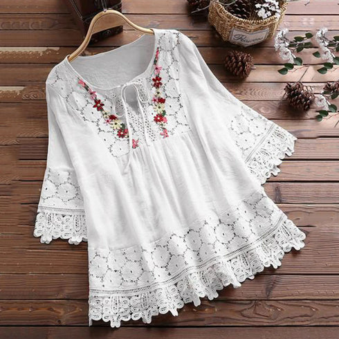 Women's Ethnic Style Loose Tops-2024 Embroidered Cotton Lace Blouses