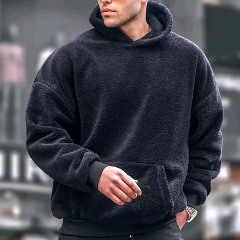 Men's Casual Loose Fit Hooded Hoodie - Solid Knit Polyester for Winter