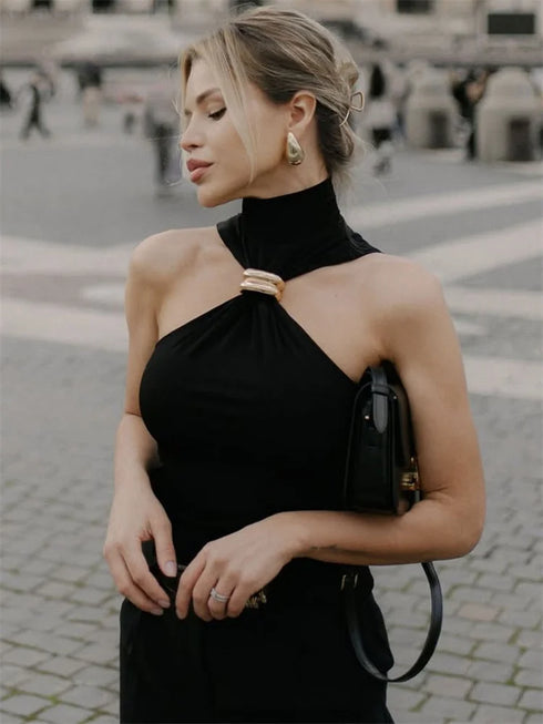 Women's High-Stretch Polyester Blended Tank Top for Middle-Aged Women – Solid Pattern, Non-Woven Fabric, Regular Length, Sexy Club Style for Spring and Summer 2024