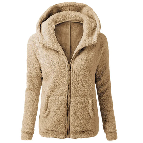 Soft Winter Hooded Overcoat for Women – Korean Style Warm Fleece Padded Jacket with Zipper – Casual Thick Autumn Outerwear