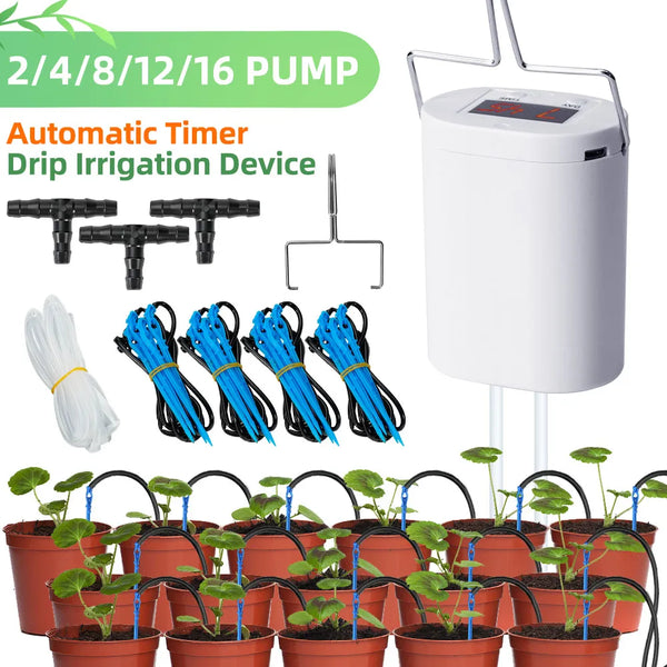 Automatic Plant Watering Pump System - Home Sprinkler Drip Irrigation Kit with Timer (2/4/8/16 Heads)