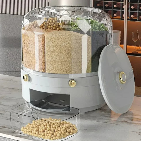 360° Rotating Rice Dispenser – Sealed Moisture-Proof Cereal & Grain Storage Container, 6-Compartment Kitchen Organizer for Dry Foods