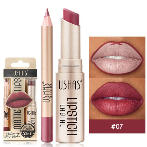 USHAS 2-in-1 Long-Lasting Lipstick & Lip Liner Set – Matte, High-Pigment, Smudge-Proof Nude & Red Shades for Bold, Defined Lips
