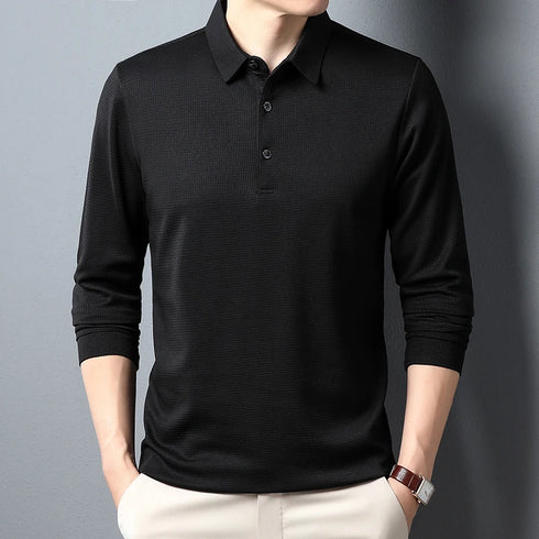 Men’s Full-Sleeve Casual Polo Shirt – Anti-Wrinkle Knit Polyester, Solid Color