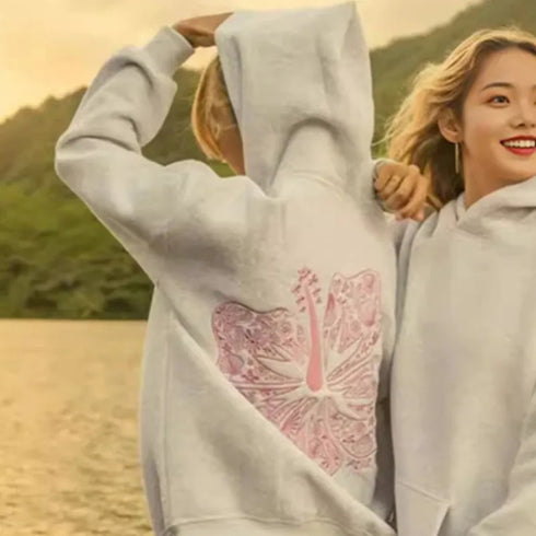 Premium Cotton-Polyester Fleece Pullover Featuring Unique “Everything Comes in Waves” and Hawaii Hibiscus Designs, Comfortable Fit for Everyday Wear