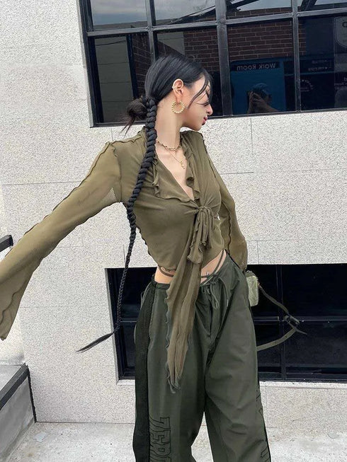 Women’s Slim Fit Lace-Up Pullover Blouse with Turn-Down Collar and Flare Sleeves – High Stretch Broadcloth Fabric, Short Length, Sexy Club Style for Middle Age, Summer