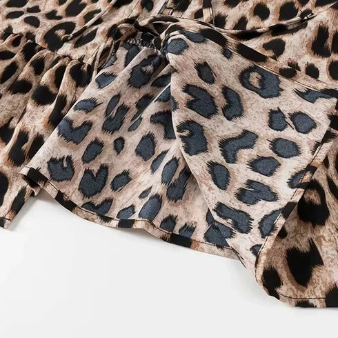 TRAF Women’s Leopard Print Puff Sleeve Ruffle Crop Top – Summer Ruched Blouse with O-Neck and Single-Breasted Front – Loose Fit Short Sleeve Statement Shirt for Beachwear and Casual Styling