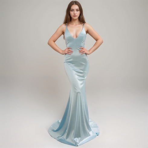 Sexy Deep V neck tie back mermaid silky satin prom dress