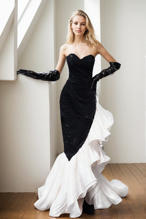 Stunning Strapless Sequin Mermaid Dress with Ruffled Organza