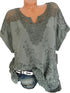 Solid Color Lace-Trimmed Loose Fit Casual Top with Short Sleeves and Office Lady Styling for Middle-Aged Women