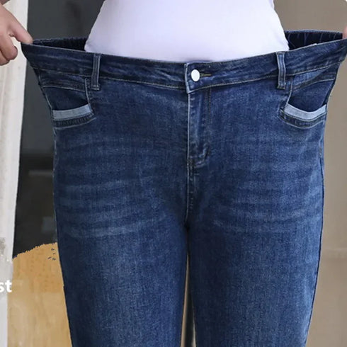 Women's High-Waist Straight-Leg Plaid Jeans – Classic Loose-Fit Cotton Denim for Autumn/Winter