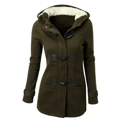 Women’s Hooded Cotton Winter Coat - Classic Cow Horn Button Jacket with Leather Buckle for Timeless Style