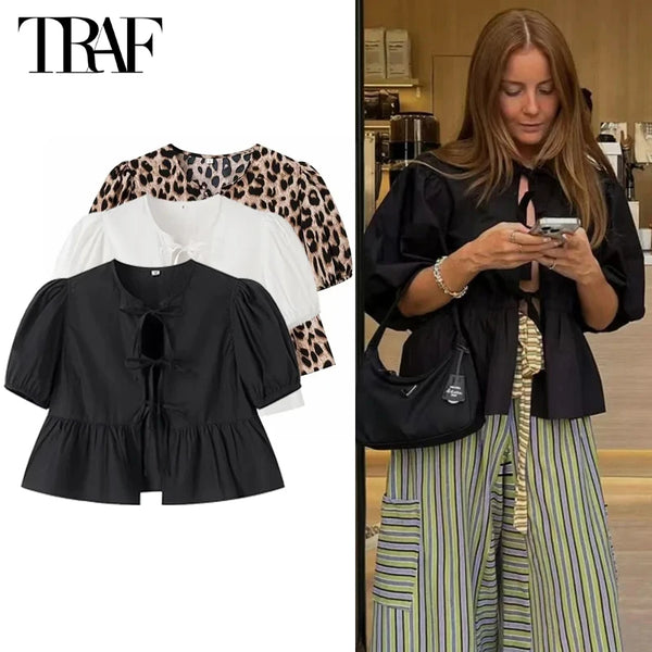 TRAF Women’s 2024 Ruffled Puff Sleeve Cropped Blouse – Short O-Neck Ruched Top in White or Black with Slight Stretch – Loose Fit Blended Fabric Shirt for Summer and Autumn Beachwear Style