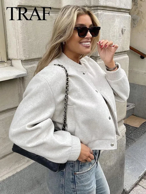 Women’s Vintage Cropped Bomber Jacket - Casual Winter Woolen Coat with Button Closure and Pockets