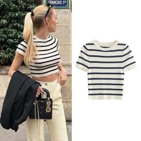 TRAF Women's Striped Knit Crop Top – Short Sleeve Cropped Tank Style Sweater for Autumn and Winter Casual Wear – Medium Stretch Pullover in Broadcloth Fabric