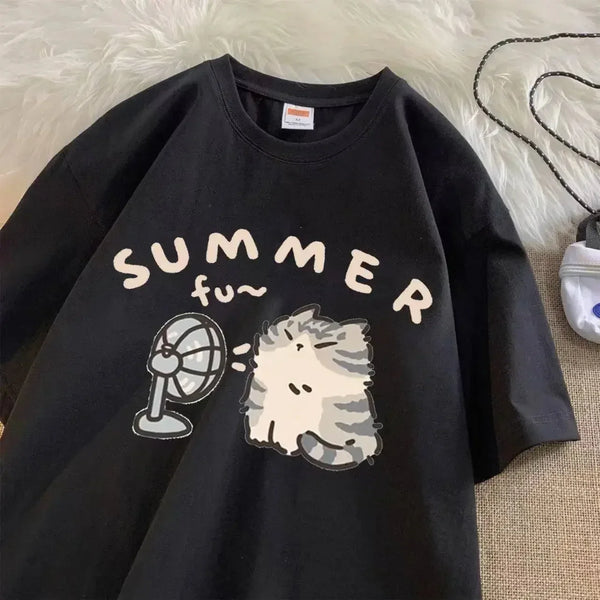 2024 Summer Relaxed Tshirt-Short Sleeve Creative Cat Top Tee