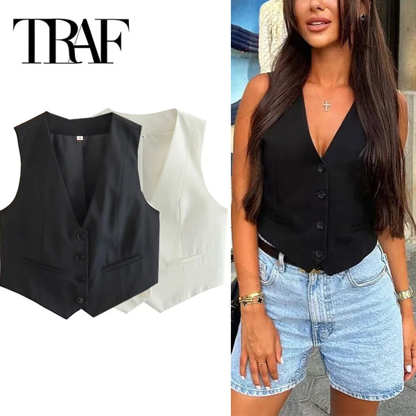 TRAF Women's Tailored V-Neck Sleeveless Cropped Suit Vest – Black and White Formal Short Outerwear with Button Closure – Summer 2024 Business Casual Vest for Professional and Streetwear Styling