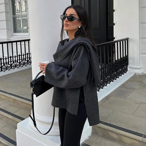 TRAF 2025 Women’s Plush Padded Winter Coat with Asymmetric Scarf Collar – Full Sleeve Demi-Season Jacket Featuring Button Details and Polyester Filling – Regular Fit Woven Outerwear for Autumn and Winter Comfort