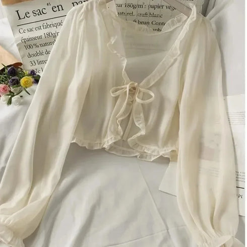 Women’s Three-Piece Sweet Style Chiffon Blouse Set with Puff Sleeves and Lace-Up Open Stitch Design – Midweight Polyester Fabric for Spring and Summer