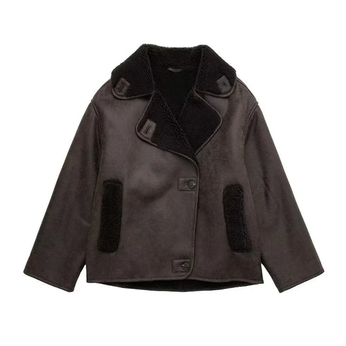 Women’s Faux Leather Jacket – Winter Warm Plush Coat with Wool Blends & Turn-Down Collar