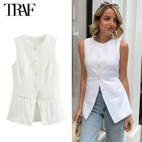 TRAF Women's Sleeveless Tailored Vest – White and Pink Summer Button-Up Outerwear with O-Neck Design, Single-Breasted Closure and Solid Color Finish – High Street Style Lightweight Jacket for Casual and Urban Wear