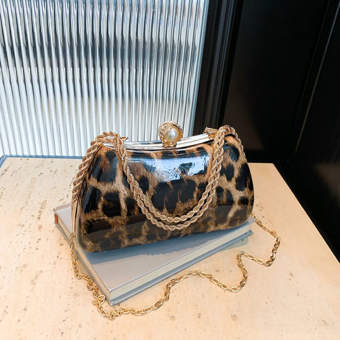VKTECH Women's Rhinestone Leopard Evening Bag – Elegant Chain Crossbody Clutch for Weddings, Parties, and Formal Events