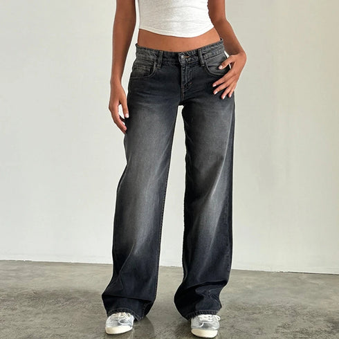 Women's Vintage Wide-Leg Denim Jeans – Low-Waist Loose-Fit Summer Pants