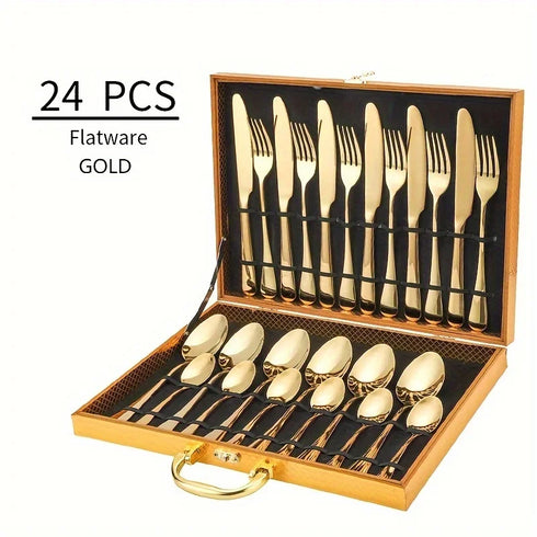 24-Piece Premium Stainless Steel Black & Gold Flatware Set – Elegant Mirror Polish Cutlery, Dishwasher Safe