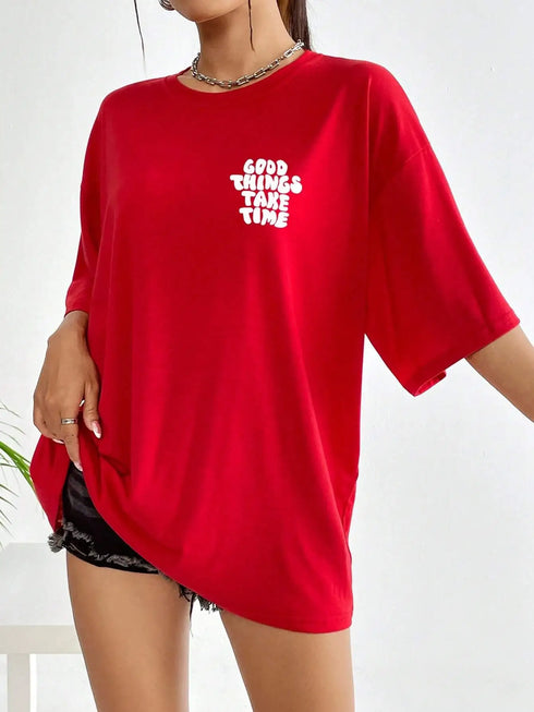 Women's O Neck Cotton Tee Shirts-Good Things Take Time Letter Printed Summer Tops